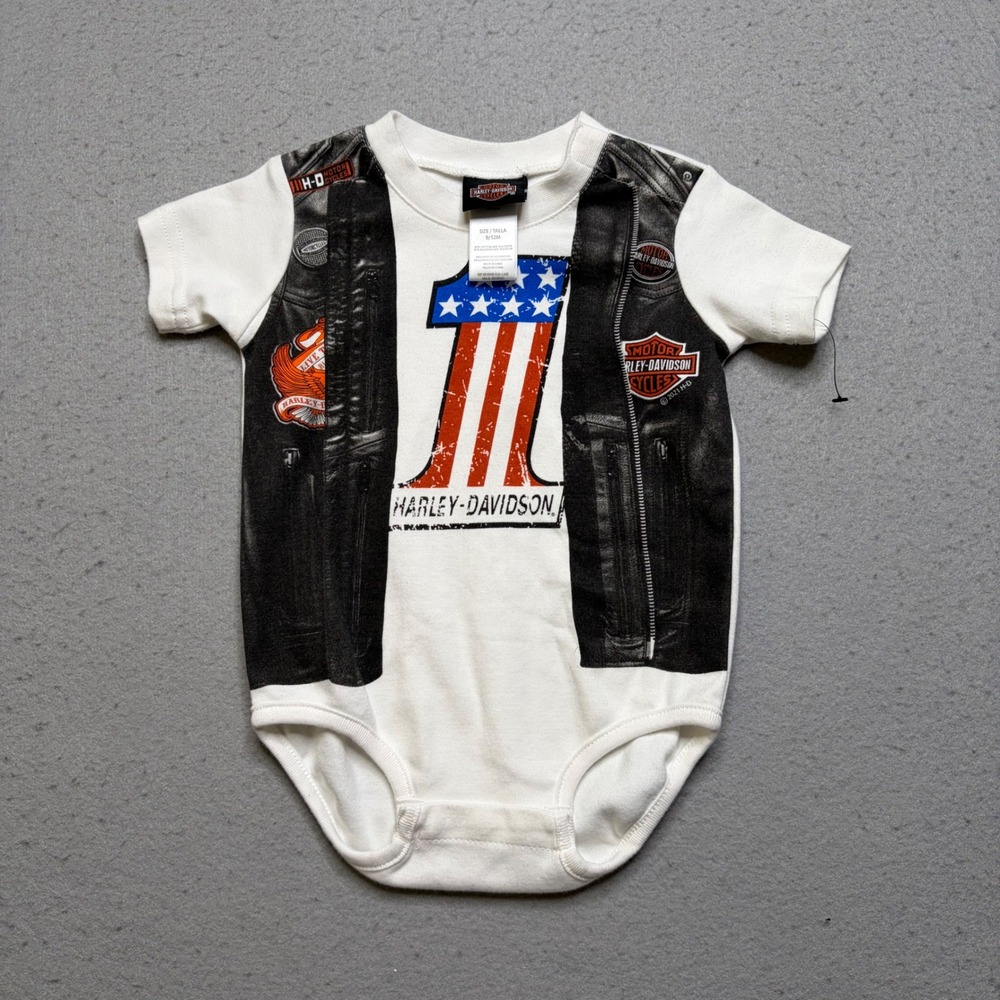 Harley-Davidson Bodysuit Unisex 9/12M White Leather Vest Graphic #1 Logo
